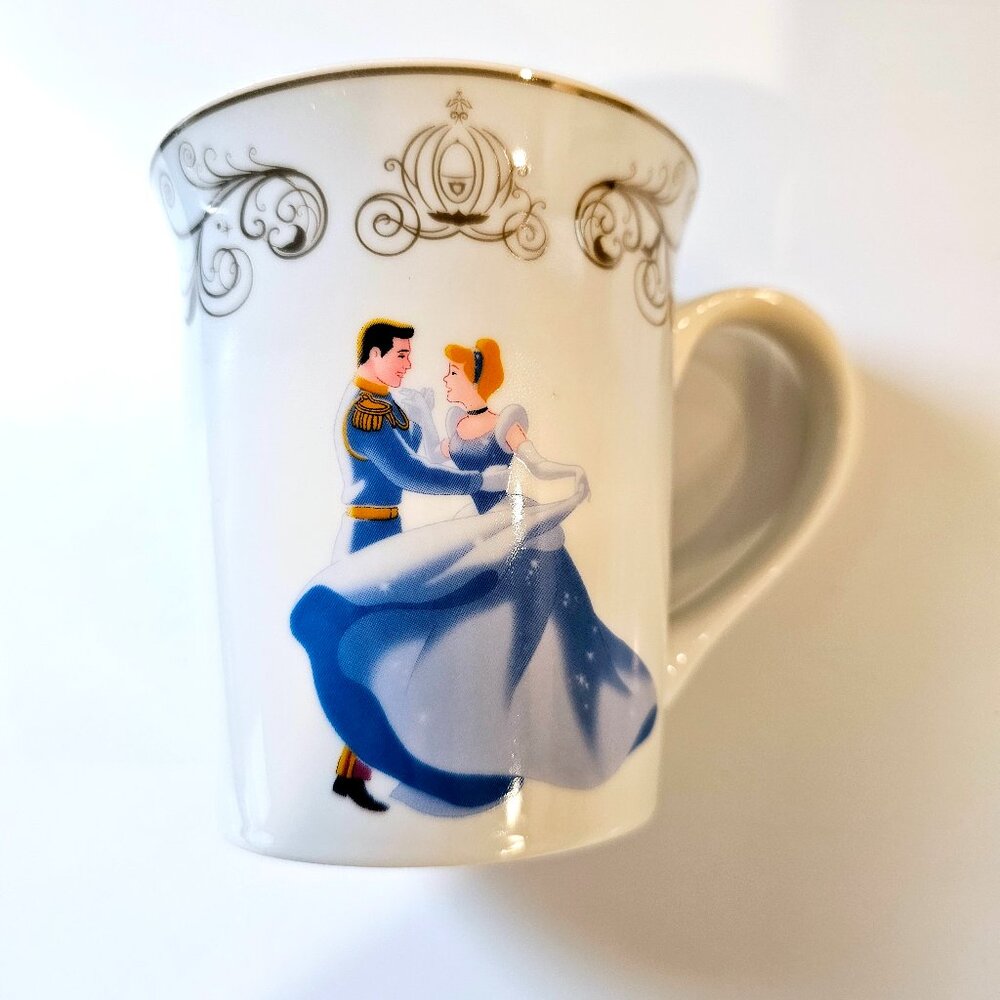 Disney Princess Cinderella Mug Elegant Gold Filigree Prince Ball Dance Scene